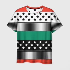 Мужская футболка 3D с принтом Полосатый звездный узор  в Кировске, 100% полиэфир | прямой крой, круглый вырез горловины, длина до линии бедер | звезды | зеленый | молодежный | полосатый узор | полосы | рыжий | террактовый