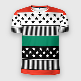 Мужская футболка 3D спортивная с принтом Полосатый звездный узор  в Санкт-Петербурге, 100% полиэстер с улучшенными характеристиками | приталенный силуэт, круглая горловина, широкие плечи, сужается к линии бедра | звезды | зеленый | молодежный | полосатый узор | полосы | рыжий | террактовый