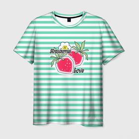 Мужская футболка 3D с принтом Цветы и ягоды земляники  в Петрозаводске, 100% полиэфир | прямой крой, круглый вырез горловины, длина до линии бедер | детский | зеленый | земляника | красный | малышам | полосатый | современный | цветы | ягодный паттерн | ягоды