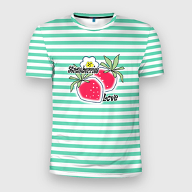 Мужская футболка 3D спортивная с принтом Цветы и ягоды земляники  , 100% полиэстер с улучшенными характеристиками | приталенный силуэт, круглая горловина, широкие плечи, сужается к линии бедра | Тематика изображения на принте: детский | зеленый | земляника | красный | малышам | полосатый | современный | цветы | ягодный паттерн | ягоды