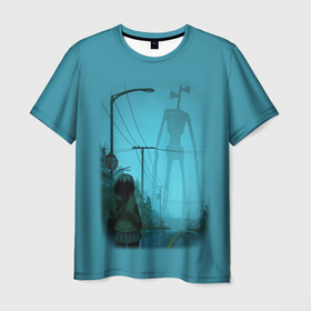 Мужская футболка 3D с принтом СИРЕНОГОЛОВЫЙ И ДЕВОЧКА в Тюмени, 100% полиэфир | прямой крой, круглый вырез горловины, длина до линии бедер | Тематика изображения на принте: siren head | гуманоид | игра | монстр | сиреноголовый | существо | хоррор