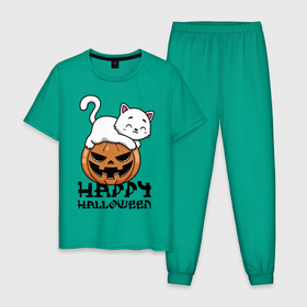 Мужская пижама хлопок с принтом Kitten & Pumpkin в Санкт-Петербурге, 100% хлопок | брюки и футболка прямого кроя, без карманов, на брюках мягкая резинка на поясе и по низу штанин
 | cat | ears | eyes | halloween | holiday | jaw | kitten | moustache | nose | paws | pumpkin | smile | tail | teeth | глаза | зубы | кот | котёнок | кошка | лапы | нос | праздник | тыква | улыбка | усы | уши | хвост | хэллоуин