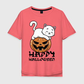 Мужская футболка хлопок Oversize с принтом Kitten & Pumpkin в Белгороде, 100% хлопок | свободный крой, круглый ворот, “спинка” длиннее передней части | cat | ears | eyes | halloween | holiday | jaw | kitten | moustache | nose | paws | pumpkin | smile | tail | teeth | глаза | зубы | кот | котёнок | кошка | лапы | нос | праздник | тыква | улыбка | усы | уши | хвост | хэллоуин