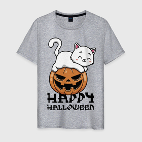 Мужская футболка хлопок с принтом Kitten & Pumpkin в Тюмени, 100% хлопок | прямой крой, круглый вырез горловины, длина до линии бедер, слегка спущенное плечо. | cat | ears | eyes | halloween | holiday | jaw | kitten | moustache | nose | paws | pumpkin | smile | tail | teeth | глаза | зубы | кот | котёнок | кошка | лапы | нос | праздник | тыква | улыбка | усы | уши | хвост | хэллоуин
