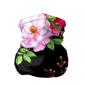 Бандана-труба 3D с принтом Цветущий шиповник на черном в Новосибирске, 100% полиэстер, ткань с особыми свойствами — Activecool | плотность 150‒180 г/м2; хорошо тянется, но сохраняет форму | акварель | акварельный | вечерний | женственная | женственный | листья | плоды | цветочки | цветочный | цветы | черный | шиповник | ягоды