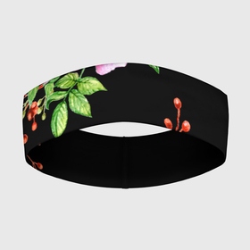 Повязка на голову 3D с принтом Цветущий шиповник на черном в Петрозаводске,  |  | акварель | акварельный | вечерний | женственная | женственный | листья | плоды | цветочки | цветочный | цветы | черный | шиповник | ягоды