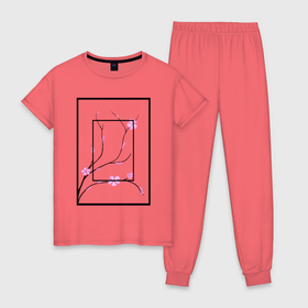 Женская пижама хлопок с принтом Сакура в Рамке в Кировске, 100% хлопок | брюки и футболка прямого кроя, без карманов, на брюках мягкая резинка на поясе и по низу штанин | Тематика изображения на принте: ветки | лепестки | рамка | розовый | сакура | цветы