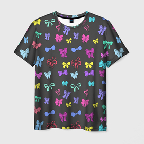 Мужская футболка 3D с принтом банты радужные на темно-сером в Тюмени, 100% полиэфир | прямой крой, круглый вырез горловины, длина до линии бедер | бант | бантики | девчачьи | детские | женские | лента | мультиколор | на сером | на темном | нежные | подарок | подарочные | праздничные | радужные | разноцветные
