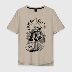 Мужская футболка хлопок Oversize с принтом The skeleton in the chest в Белгороде, 100% хлопок | свободный крой, круглый ворот, “спинка” длиннее передней части | bones | chest | halloween | holiday | pumpkin | skeleton | skull | кости | скелет | сундук | тыква | хэллоуин | череп