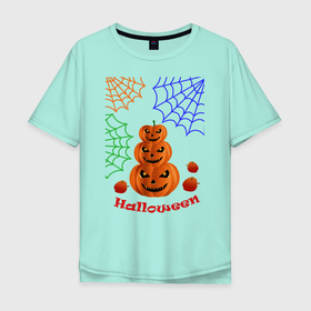 Мужская футболка хлопок Oversize с принтом Тыквы в паутине в Белгороде, 100% хлопок | свободный крой, круглый ворот, “спинка” длиннее передней части | halloween | pumpkin | желтый | жуткий | красный | мистика | надписи | ночь ужасов | оранжевый | осень | паутина | синий | тыква | ужас | хэллоуин | черви | червивое яблоко