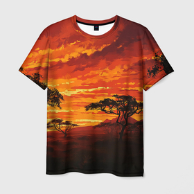 Мужская футболка 3D с принтом АФРИКАНСКАЯ САВАННА в Тюмени, 100% полиэфир | прямой крой, круглый вырез горловины, длина до линии бедер | африка | деревья | живопись | закат | засуха | искуство | облака | пейзаж | пустыня | рисунок | саванна