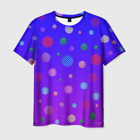 Мужская футболка 3D с принтом Фантастические шары в Санкт-Петербурге, 100% полиэфир | прямой крой, круглый вырез горловины, длина до линии бедер | Тематика изображения на принте: абстракция | галактика | градиент | космический | мячики | неоновый | планеты | планеты  космос | разноцветный | синий | фантастика | фиолетовый | шары