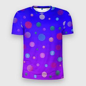 Мужская футболка 3D спортивная с принтом Фантастические шары в Тюмени, 100% полиэстер с улучшенными характеристиками | приталенный силуэт, круглая горловина, широкие плечи, сужается к линии бедра | абстракция | галактика | градиент | космический | мячики | неоновый | планеты | планеты  космос | разноцветный | синий | фантастика | фиолетовый | шары