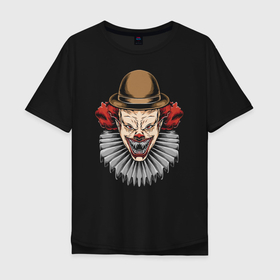Мужская футболка хлопок Oversize с принтом The terrible clown в Курске, 100% хлопок | свободный крой, круглый ворот, “спинка” длиннее передней части | Тематика изображения на принте: clown | eyes | fangs | halloween | hat | holiday | horror | jabot | jaw | muzzle | nose | глаза | жабо | клоун | клыки | нос | пасть | праздник | ужас | хэллоуин | шляпа
