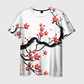 Мужская футболка 3D с принтом САКУРА ЦВЕТЁТ И БЛАГАУХАЕТ в Петрозаводске, 100% полиэфир | прямой крой, круглый вырез горловины, длина до линии бедер | Тематика изображения на принте: ветвь | дерево | сакура | цветы | япония