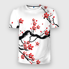 Мужская футболка 3D спортивная с принтом САКУРА ЦВЕТЁТ И БЛАГАУХАЕТ в Петрозаводске, 100% полиэстер с улучшенными характеристиками | приталенный силуэт, круглая горловина, широкие плечи, сужается к линии бедра | Тематика изображения на принте: ветвь | дерево | сакура | цветы | япония
