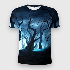 Мужская футболка 3D спортивная с принтом ДРЕМУЧИЙ ЛЕС в Новосибирске, 100% полиэстер с улучшенными характеристиками | приталенный силуэт, круглая горловина, широкие плечи, сужается к линии бедра | деревья | лес | луна | ночь | облака