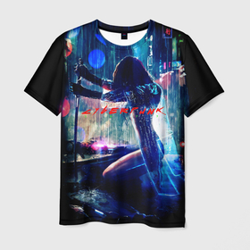 Мужская футболка 3D с принтом cyberpunk девушка с катаной в Тюмени, 100% полиэфир | прямой крой, круглый вырез горловины, длина до линии бедер | Тематика изображения на принте: город | девушка | дождь | катана | машины | найтсити | неон