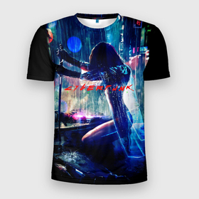 Мужская футболка 3D спортивная с принтом cyberpunk девушка с катаной в Тюмени, 100% полиэстер с улучшенными характеристиками | приталенный силуэт, круглая горловина, широкие плечи, сужается к линии бедра | город | девушка | дождь | катана | машины | найтсити | неон