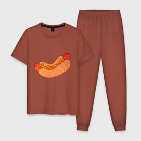 Мужская пижама хлопок с принтом Хотдогич в Тюмени, 100% хлопок | брюки и футболка прямого кроя, без карманов, на брюках мягкая резинка на поясе и по низу штанин
 | Тематика изображения на принте: bread | hot dog | sausage | сосиска | хлеб | хот дог
