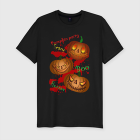 Мужская футболка хлопок Slim с принтом Pumpkin party в Кировске, 92% хлопок, 8% лайкра | приталенный силуэт, круглый вырез ворота, длина до линии бедра, короткий рукав | брызги крови | буу | желтый | жуткий | зловещий | красный | крик | кровь | мистика | ночь ужасов | оранжевый | тыква | ужас | хэллоуин