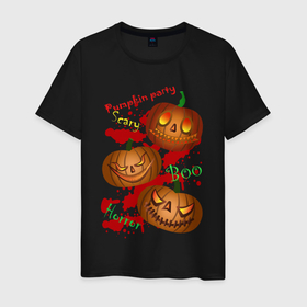 Мужская футболка хлопок с принтом Pumpkin party в Тюмени, 100% хлопок | прямой крой, круглый вырез горловины, длина до линии бедер, слегка спущенное плечо. | брызги крови | буу | желтый | жуткий | зловещий | красный | крик | кровь | мистика | ночь ужасов | оранжевый | тыква | ужас | хэллоуин