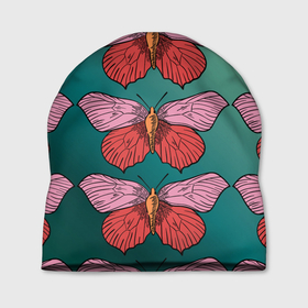 Шапка 3D с принтом Зеленый принт с бабочками :) в Тюмени, 100% полиэстер | универсальный размер, печать по всей поверхности изделия | бабочки | градиент | графический | грустный | зеленый | меланхолия | насекомые | ретро | розовый | странный