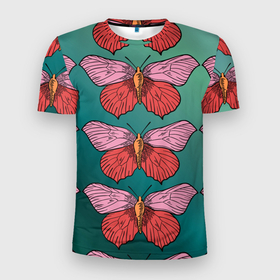 Мужская футболка 3D спортивная с принтом Зеленый принт с бабочками :) в Тюмени, 100% полиэстер с улучшенными характеристиками | приталенный силуэт, круглая горловина, широкие плечи, сужается к линии бедра | бабочки | градиент | графический | грустный | зеленый | меланхолия | насекомые | ретро | розовый | странный