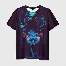 Мужская футболка 3D с принтом Крадущийся волк , 100% полиэфир | прямой крой, круглый вырез горловины, длина до линии бедер | Тематика изображения на принте: волк | деревья | крадётся | кусты | лес | луна | ночь | охота | хищник