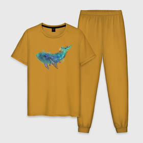 Мужская пижама хлопок с принтом Горбатый кит в Кировске, 100% хлопок | брюки и футболка прямого кроя, без карманов, на брюках мягкая резинка на поясе и по низу штанин
 | акварель | бирюзовый | вода | животные | кит | море | синий