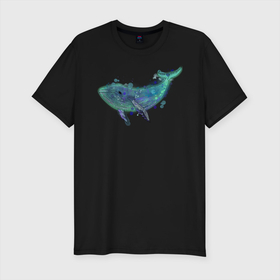 Мужская футболка хлопок Slim с принтом Горбатый кит в Кировске, 92% хлопок, 8% лайкра | приталенный силуэт, круглый вырез ворота, длина до линии бедра, короткий рукав | акварель | бирюзовый | вода | животные | кит | море | синий