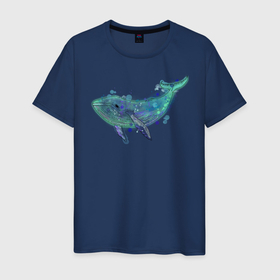 Мужская футболка хлопок с принтом Горбатый кит , 100% хлопок | прямой крой, круглый вырез горловины, длина до линии бедер, слегка спущенное плечо. | акварель | бирюзовый | вода | животные | кит | море | синий
