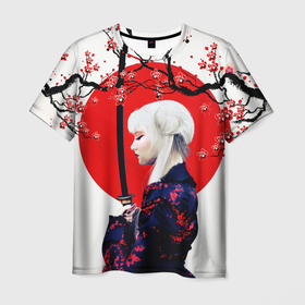 Мужская футболка 3D с принтом НАД ВЕТВЯМИ САКУРЫ в Кировске, 100% полиэфир | прямой крой, круглый вырез горловины, длина до линии бедер | ветви | девушка | катана | кунаичи | сакура | самурай | солнце | флаг | япония