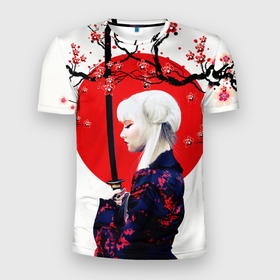Мужская футболка 3D спортивная с принтом НАД ВЕТВЯМИ САКУРЫ в Тюмени, 100% полиэстер с улучшенными характеристиками | приталенный силуэт, круглая горловина, широкие плечи, сужается к линии бедра | Тематика изображения на принте: ветви | девушка | катана | кунаичи | сакура | самурай | солнце | флаг | япония