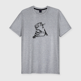 Мужская футболка хлопок Slim с принтом Удивленный котик в Екатеринбурге, 92% хлопок, 8% лайкра | приталенный силуэт, круглый вырез ворота, длина до линии бедра, короткий рукав | киска | кот | котейка | котенок | котик | котя | кошечка | кошка | набросок | полосатый | рисунок | скетч | толстый | удивление | удивленный