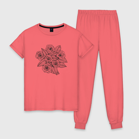 Женская пижама хлопок с принтом Розы графика , 100% хлопок | брюки и футболка прямого кроя, без карманов, на брюках мягкая резинка на поясе и по низу штанин | графика | графический | розовый куст | розочки | розы | цветочки | цветы | ч б | чб | черно белый
