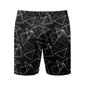 Мужские шорты спортивные с принтом Черно-белый геометрический  в Екатеринбурге,  |  | Тематика изображения на принте: абстрактный | геометрические фигуры | монохромный | мужской | треугольники | черный и белый | черный фон