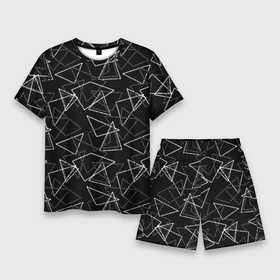 Мужской костюм с шортами 3D с принтом Черно белый геометрический в Екатеринбурге,  |  | абстрактный | геометрические фигуры | монохромный | мужской | треугольники | черный и белый | черный фон