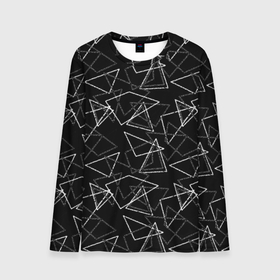 Мужской лонгслив 3D с принтом Черно-белый геометрический  , 100% полиэстер | длинные рукава, круглый вырез горловины, полуприлегающий силуэт | абстрактный | геометрические фигуры | монохромный | мужской | треугольники | черный и белый | черный фон