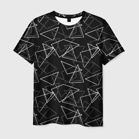 Мужская футболка 3D с принтом Черно-белый геометрический  в Тюмени, 100% полиэфир | прямой крой, круглый вырез горловины, длина до линии бедер | Тематика изображения на принте: абстрактный | геометрические фигуры | монохромный | мужской | треугольники | черный и белый | черный фон