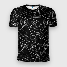 Мужская футболка 3D спортивная с принтом Черно-белый геометрический  в Тюмени, 100% полиэстер с улучшенными характеристиками | приталенный силуэт, круглая горловина, широкие плечи, сужается к линии бедра | Тематика изображения на принте: абстрактный | геометрические фигуры | монохромный | мужской | треугольники | черный и белый | черный фон