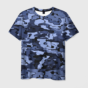 Мужская футболка 3D с принтом Синий камуфляж в клетку  в Тюмени, 100% полиэфир | прямой крой, круглый вырез горловины, длина до линии бедер | Тематика изображения на принте: для мальчиков | камуфляж | клетка | клетчатый узор | мужской | популярный | синий | современный | спортивный