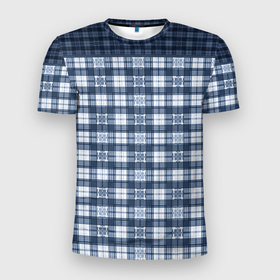 Мужская футболка 3D спортивная с принтом Синий узор в клетку  в Тюмени, 100% полиэстер с улучшенными характеристиками | приталенный силуэт, круглая горловина, широкие плечи, сужается к линии бедра | белый и синий | клетка | клетчатый узор | мальчиковый | молодежный | мужской | синий | современный | шотландка