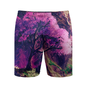 Мужские шорты спортивные с принтом ДЕРЕВО САКУРЫ ,  |  | ветви | горы | живопись | искуство | пейзаж | природа | речка | рисунок | сакура