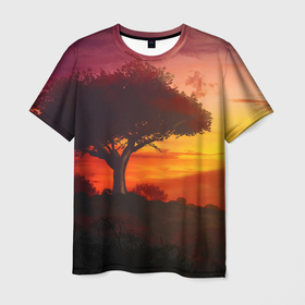 Мужская футболка 3D с принтом СОЛНЦЕ НАД АФРИКОЙ в Белгороде, 100% полиэфир | прямой крой, круглый вырез горловины, длина до линии бедер | африка | дерево | живопись | облака | пейзаж | рассвет | рисунок | саванна