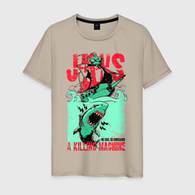 Мужская футболка хлопок с принтом Корабль и акула в Петрозаводске, 100% хлопок | прямой крой, круглый вырез горловины, длина до линии бедер, слегка спущенное плечо. | Тематика изображения на принте: акула | волны | гранж | корабль | море | уличный стиль
