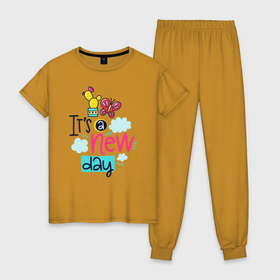 Женская пижама хлопок с принтом Надпись Это новый день в Кировске, 100% хлопок | брюки и футболка прямого кроя, без карманов, на брюках мягкая резинка на поясе и по низу штанин | арт лайн | бабочка | горшок | кактус | облако | цветок