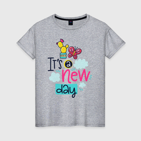 Женская футболка хлопок с принтом Надпись Это новый день в Кировске, 100% хлопок | прямой крой, круглый вырез горловины, длина до линии бедер, слегка спущенное плечо | арт лайн | бабочка | горшок | кактус | облако | цветок