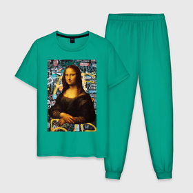 Мужская пижама хлопок с принтом Jaconda в Курске, 100% хлопок | брюки и футболка прямого кроя, без карманов, на брюках мягкая резинка на поясе и по низу штанин
 | граффити | девушка | джаконда | женщина | известная картина | картина | классика | мона лиза | раритет | уличный стиль