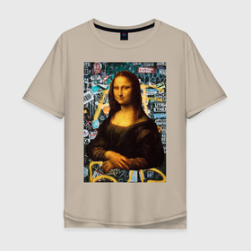 Мужская футболка хлопок Oversize с принтом Jaconda , 100% хлопок | свободный крой, круглый ворот, “спинка” длиннее передней части | граффити | девушка | джаконда | женщина | известная картина | картина | классика | мона лиза | раритет | уличный стиль